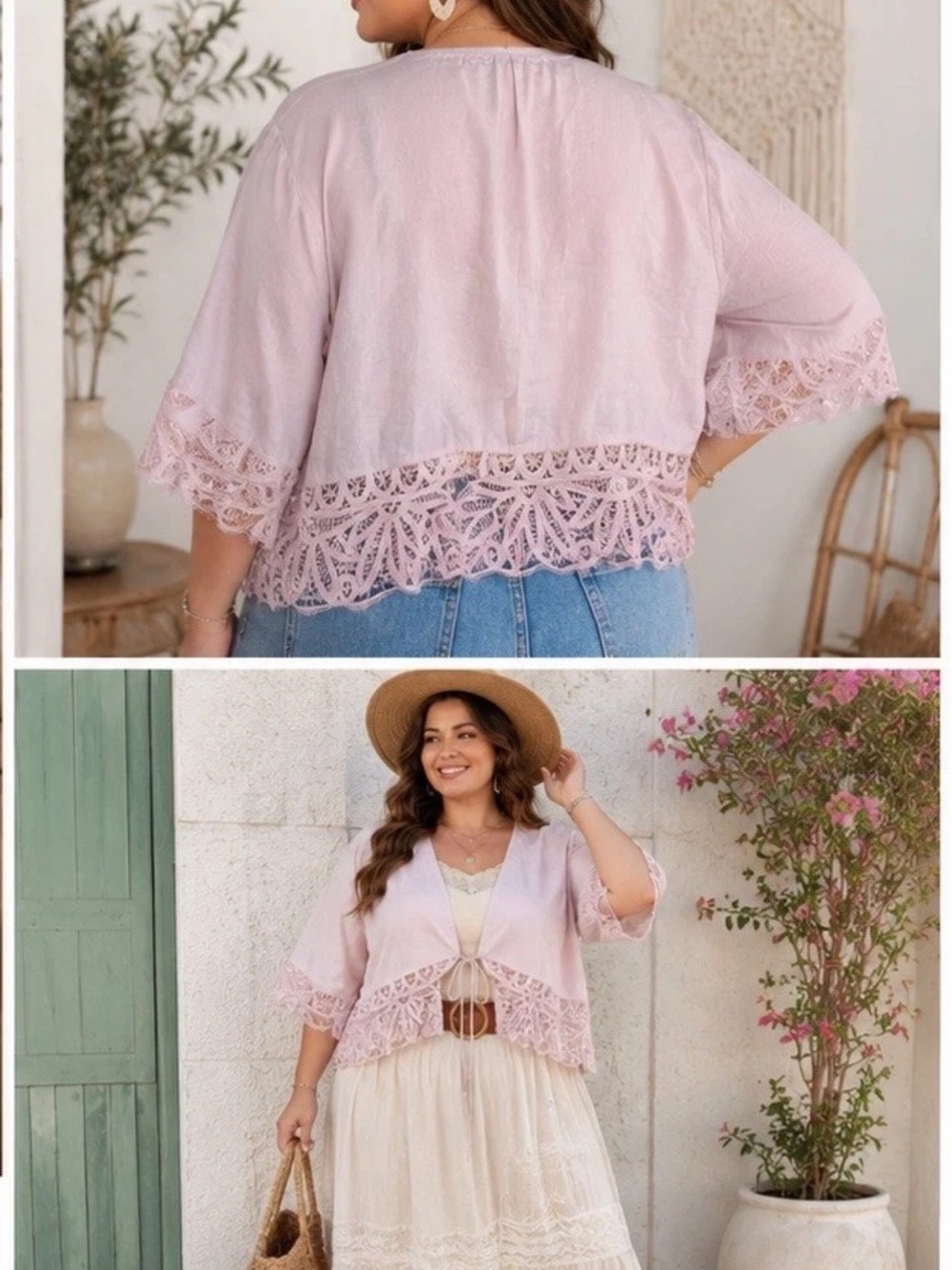 Lane Bryant Linen Blend Lace Crochet Trim Tie Front Boho Cropped Cardigan 22/24